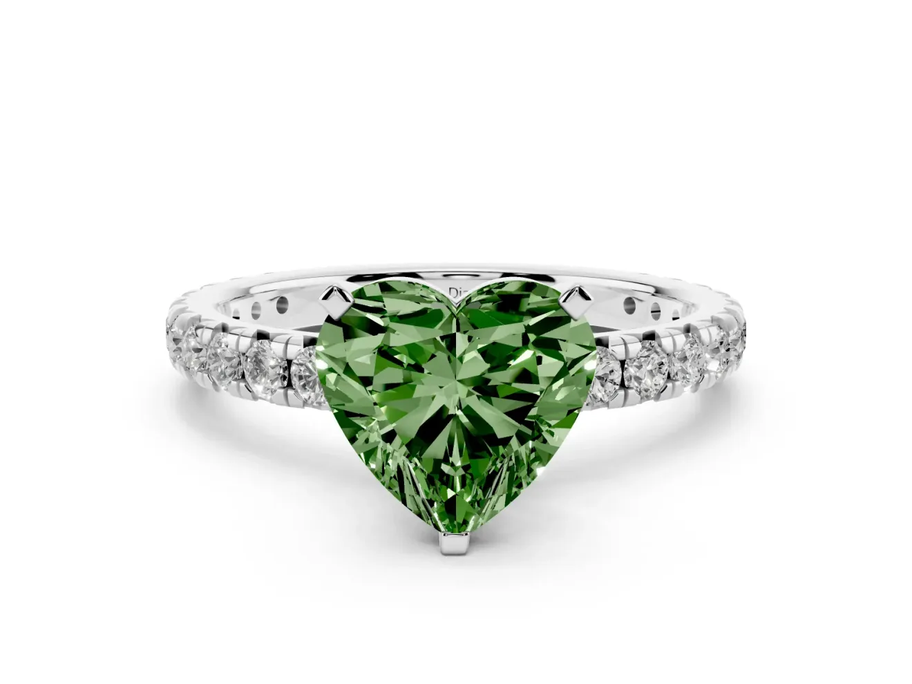 Fancy Green Heart Cut Diamond Pavé Solitaire Ring Set in White gold with Round Band and Prong Setting