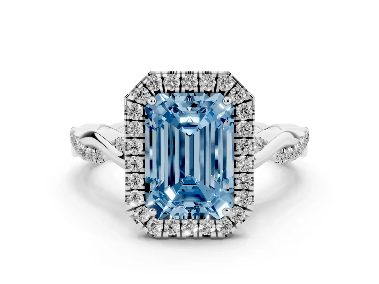 Emerald Cut Twist Halo Engagement Ring Setting for a Fancy Blue Lab-Grown Diamond | Platinum