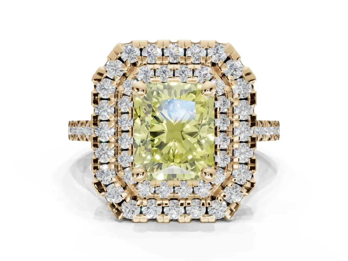 Canary Yellow Radiant Cut Lab-Grown Diamond Double Halo Statement Ring Set in Yellow Gold with Pavé Band
