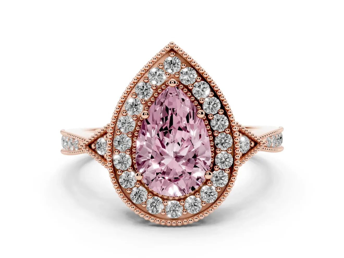 Pear-Shaped Milgrain Halo Engagement Ring Setting for a Fancy Pink Lab-Grown Diamond | Graduated Pavé | Rose Gold