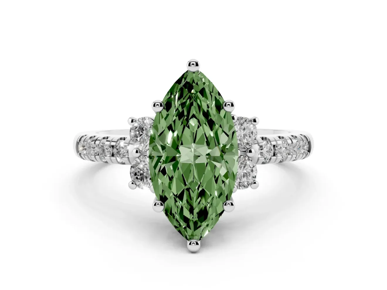 Fancy Green Marquise Cut Diamond Three-Stone Pavé Ring Set in Platinum with Prong Setting