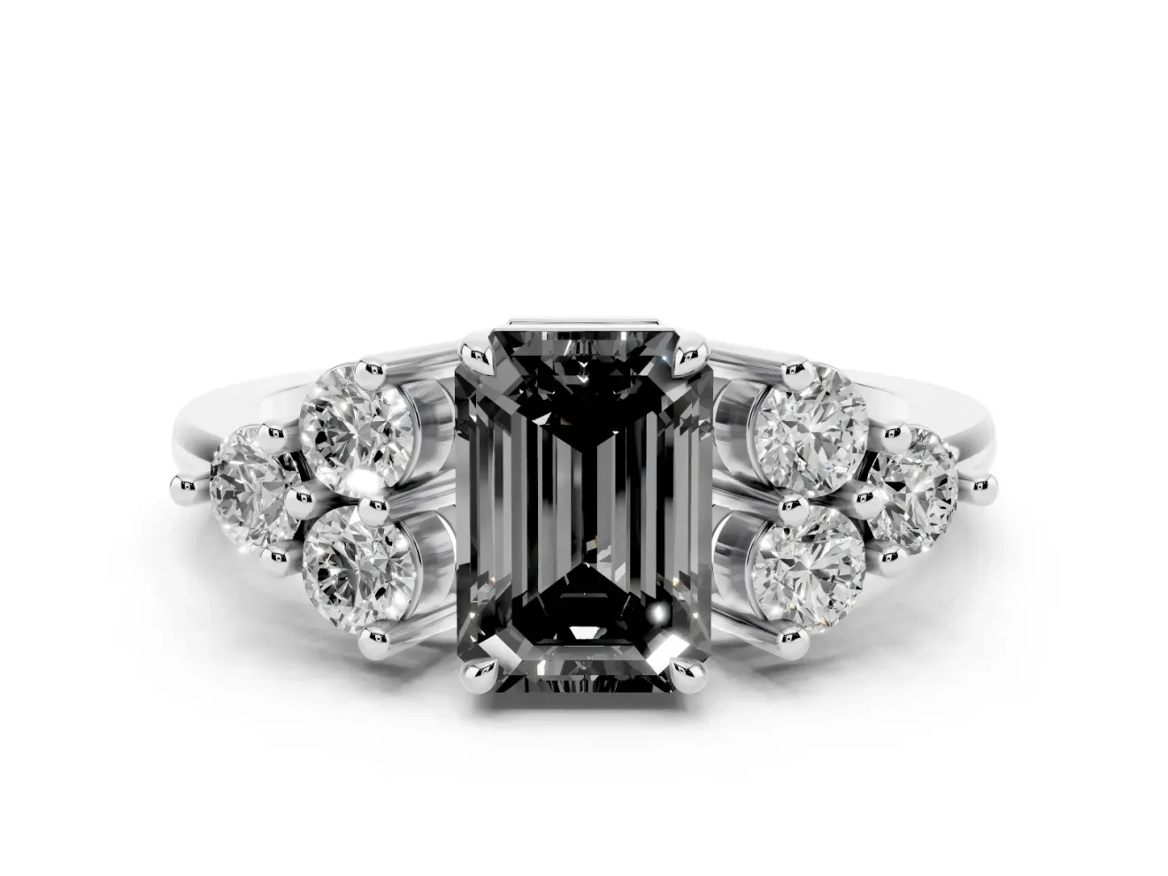 Fancy Black Emerald Cut Diamond Solitaire Ring Set in Silver with Cluster Accents on Each Side