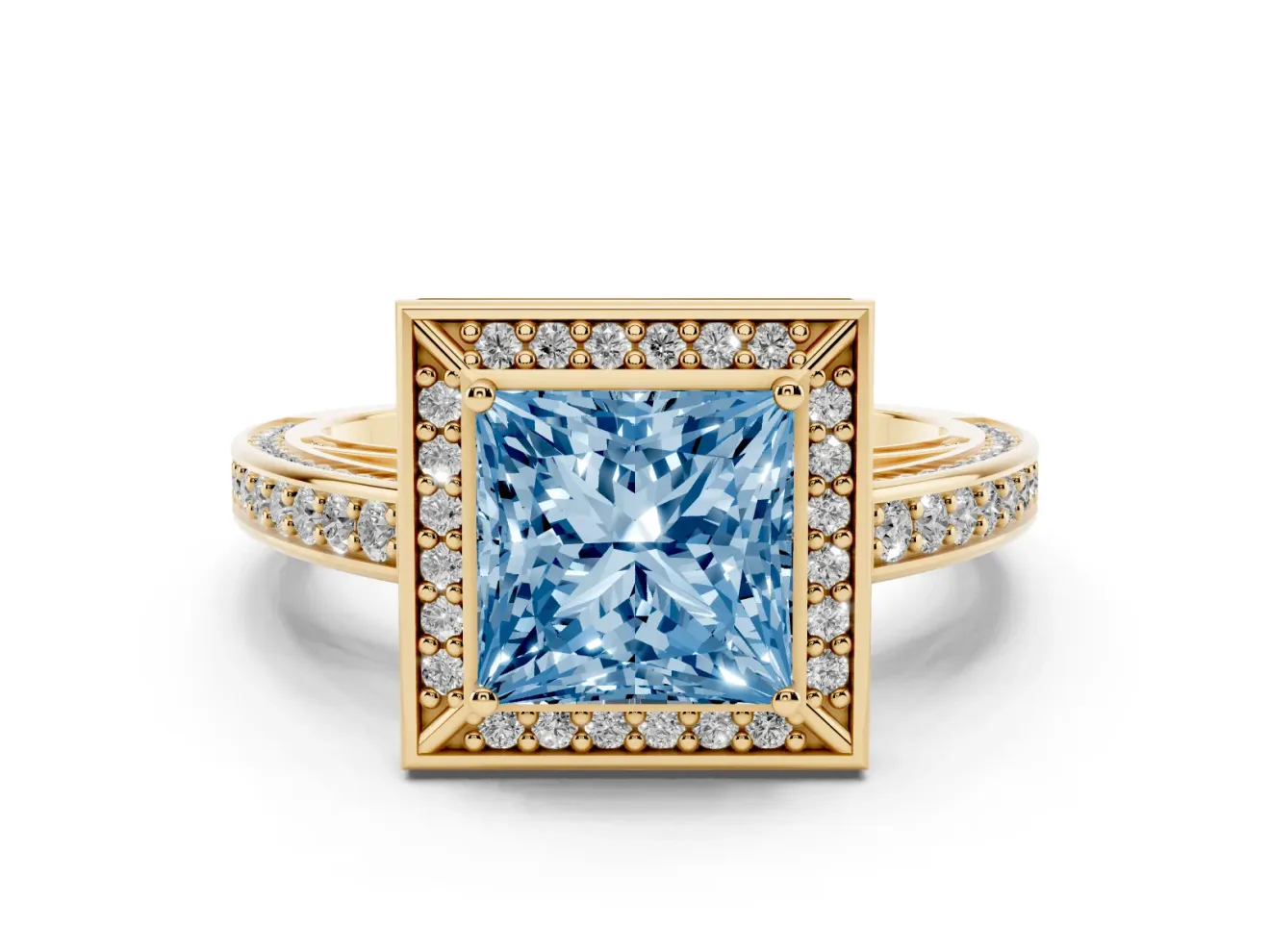 Fancy Blue Princess Cut Diamond Halo Pavé Split Shank Ring Set in Yellow gold with Prong Setting