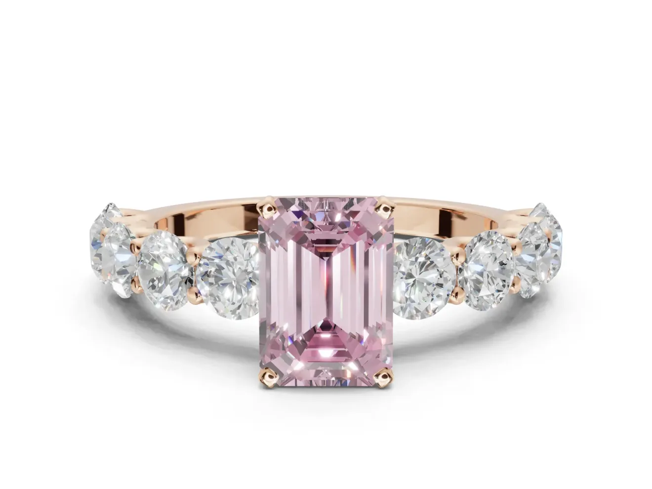 Emerald Cut Side Stone Engagement Ring Setting for a Fancy Pink Lab-Grown Diamond | Scalloped Prong Accents | Rose Gold