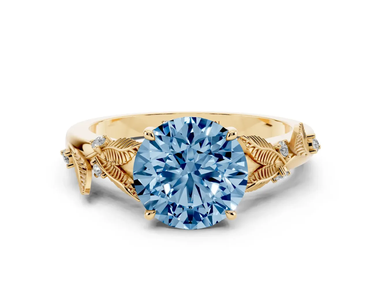 Round Leaf Solitaire Engagement Ring Setting for a Fancy Blue Lab-Grown Diamond | Yellow Gold