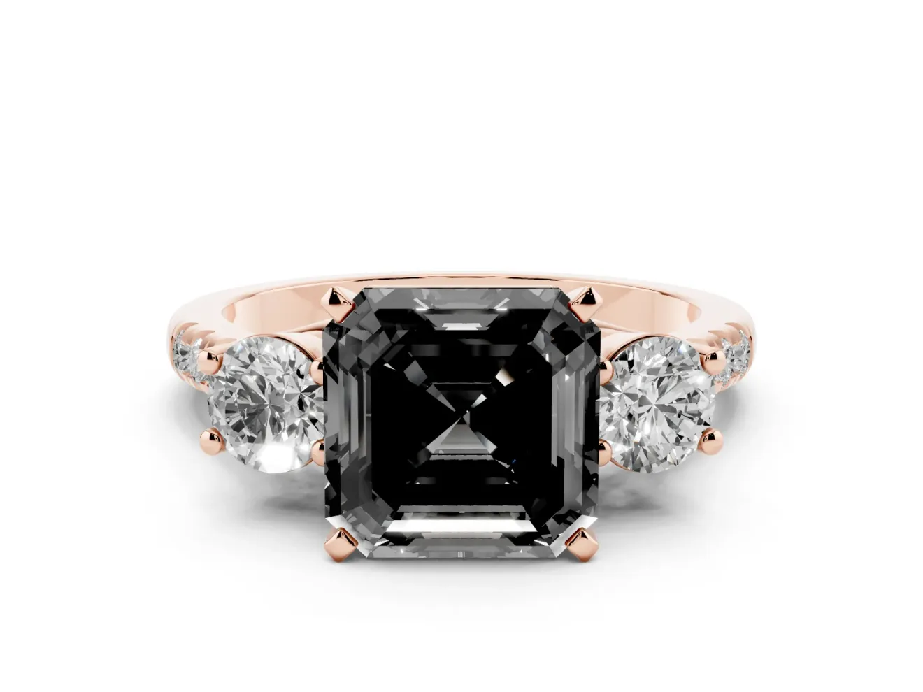 Fancy Black Three-Stone Asscher Cut Diamond Pavé Band Ring Set in Rose gold with Prong-Set Trio