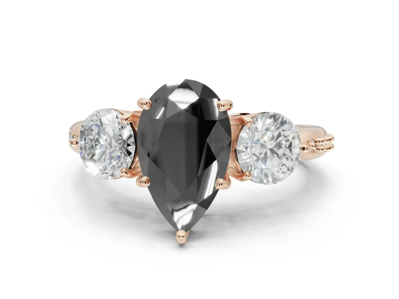 Fancy Black Pear-Shaped Lab-Grown Diamond Three-Stone Ring Set in Rose Gold with Channel-Set Band and Prong Setting