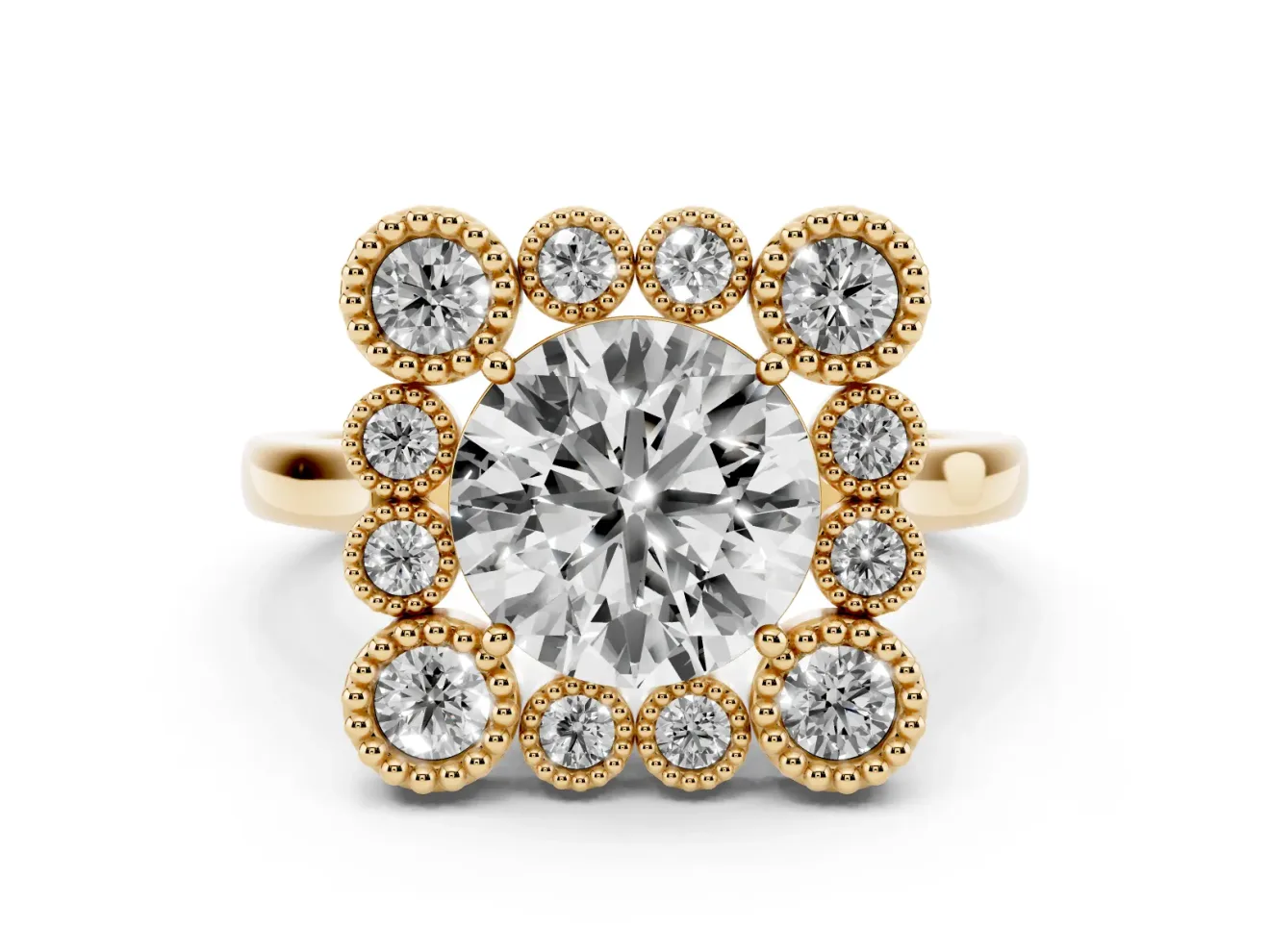 Round Vintage Milgrain Bezel Cluster Halo Engagement Ring Setting | Plain Band | Yellow Gold