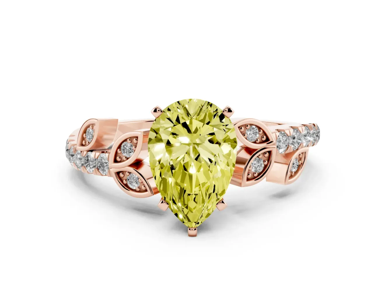 Fancy Yellow Pear Cut Diamond Solitaire Leaf-Inspired Ring Set in Rose gold with Pavé Band and Prong Setting