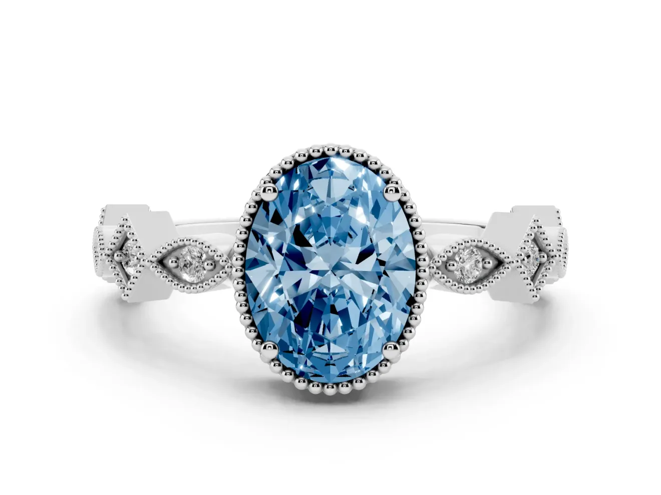 Fancy Blue Oval Cut Diamond Milgrain Marquise Twist Band Ring Set in White gold with Prong Setting