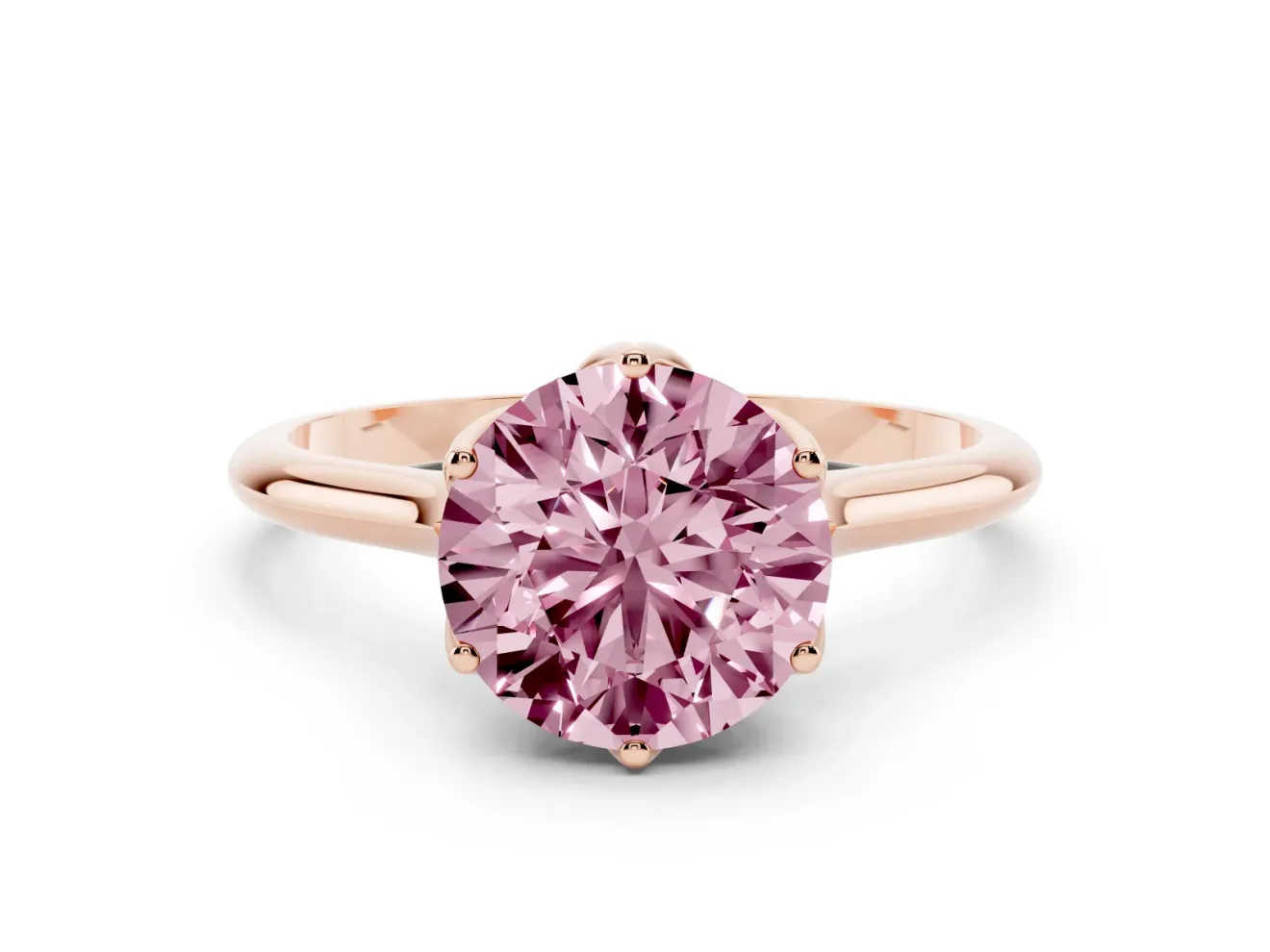 Fancy Pink Round Cut Diamond Solitaire Cathedral Ring Set in Rose gold with Prong Setting