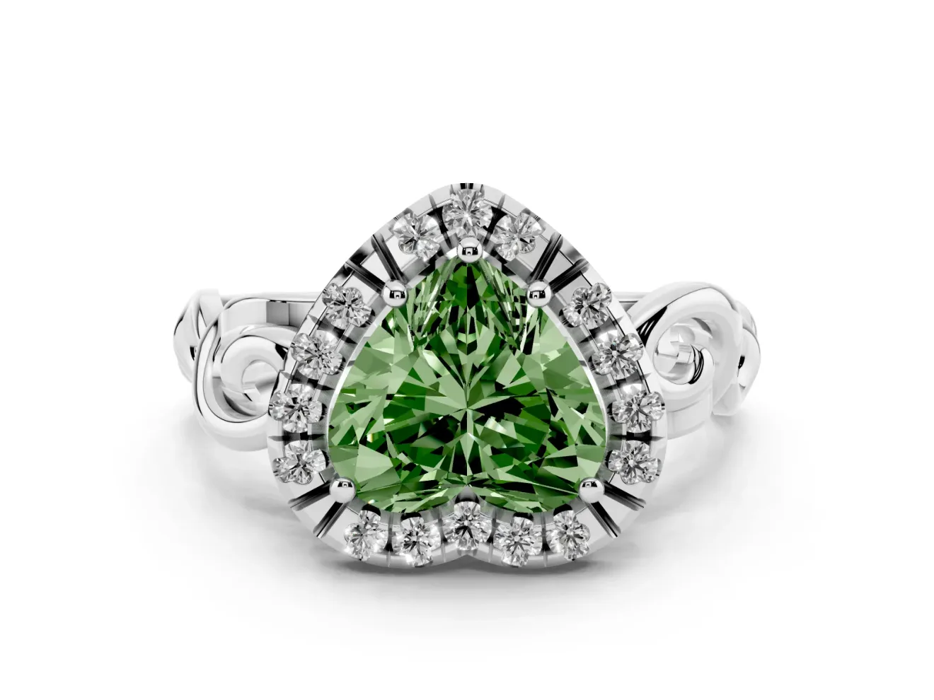 Fancy Green Heart Cut Diamond Halo Ring Set in Silver with Scrollwork Band and Prong Setting