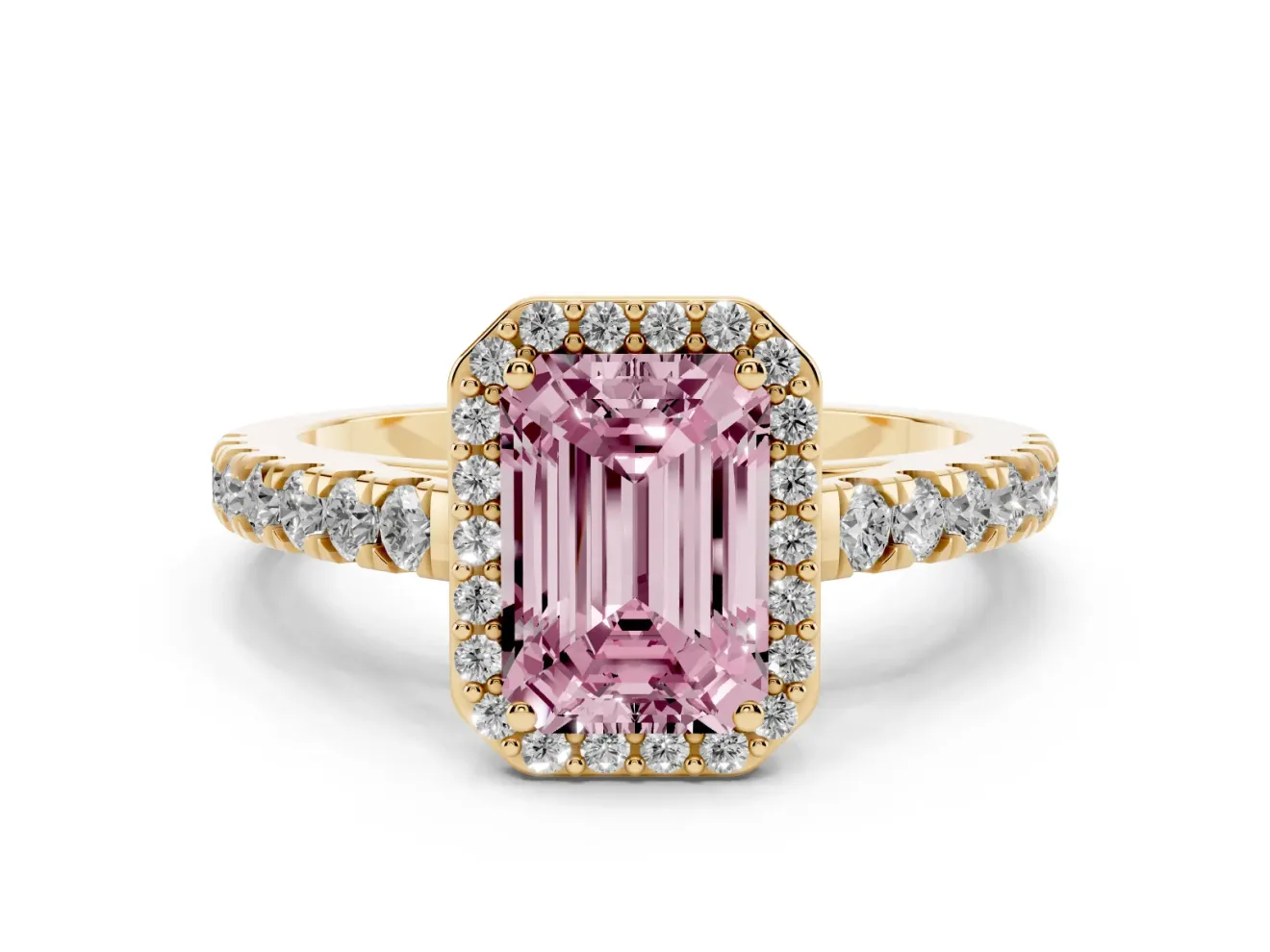 Fancy Pink Emerald Cut Diamond Halo Engagement Ring Set in Yellow gold with Pavé Band and Prong Setting