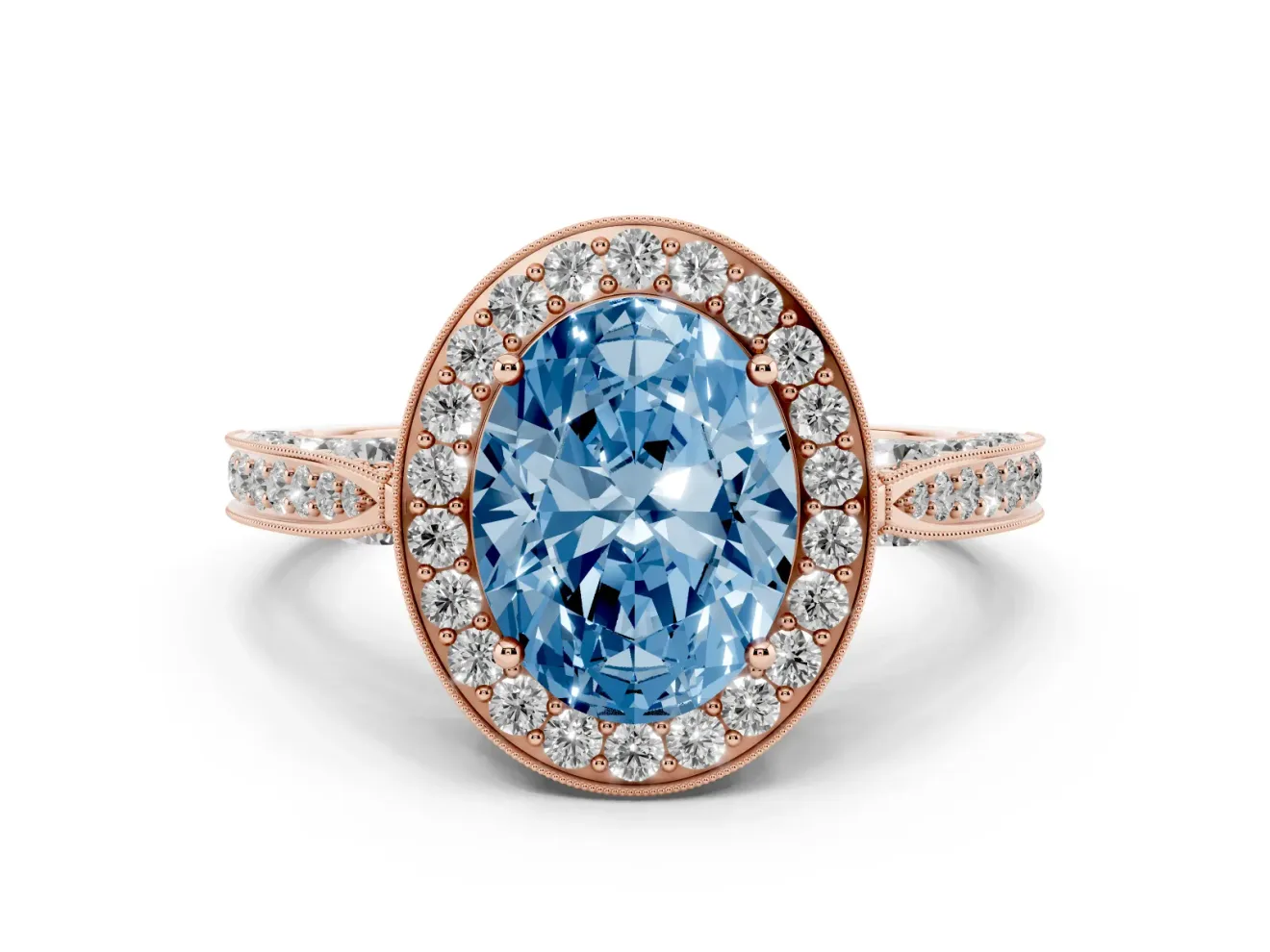 Fancy Blue Oval Cut Diamond Halo Engagement Ring Set in Rose gold with Accent Split Shank Band