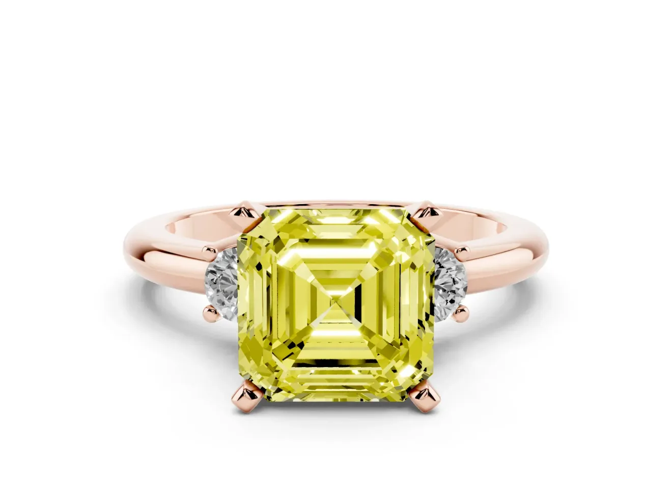 Asscher Cut Three Stone Engagement Ring Setting for a Fancy Yellow Lab-Grown Diamond | Round Side Stones | Rose Gold