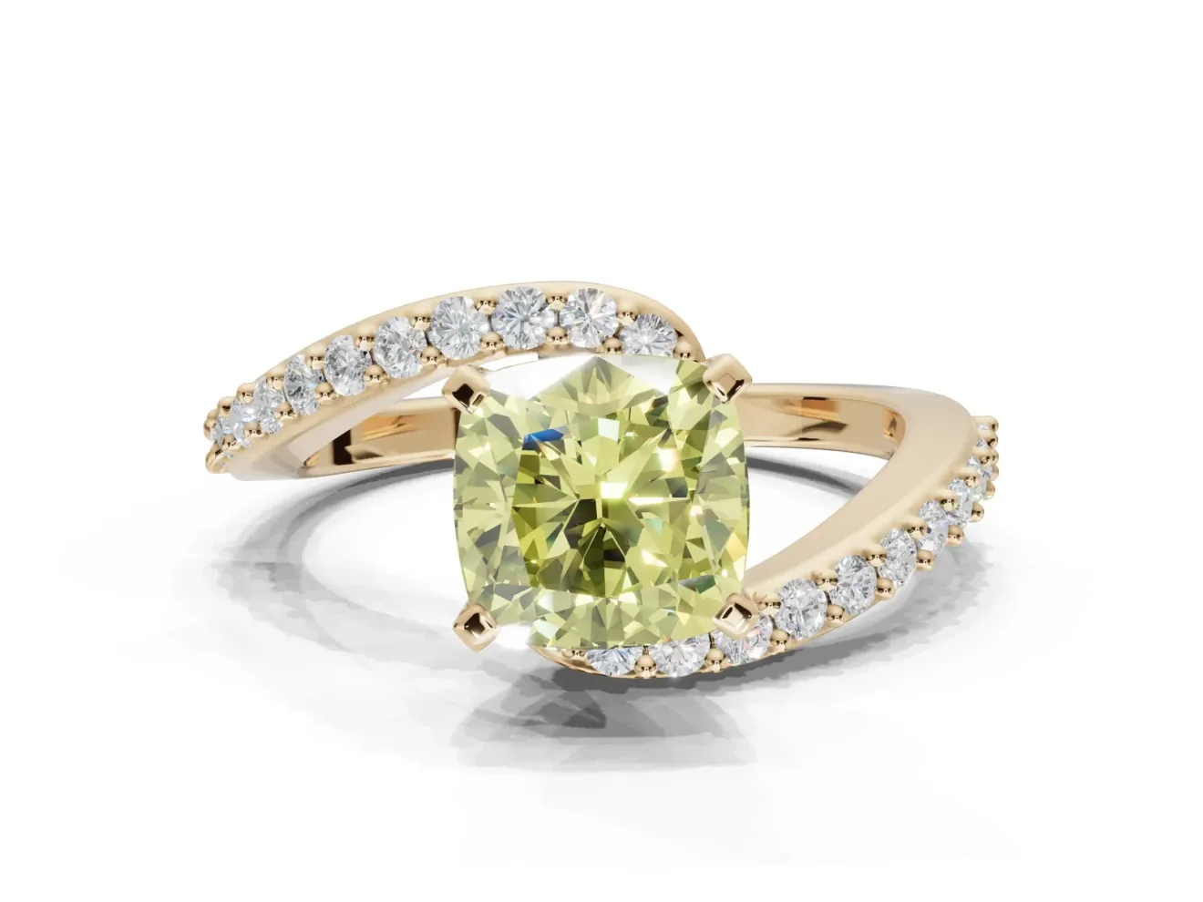 Cushion Cut Bypass Pavé Engagement Ring Setting for a Fancy Yellow Lab-Grown Diamond | Yellow Gold