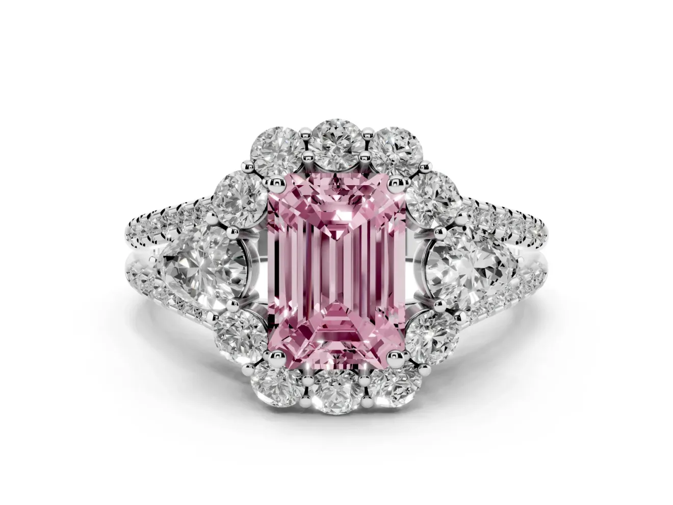 Fancy Pink Emerald Cut Diamond Halo Split Shank Engagement Ring Set in Platinum with Prong-Held Center Stone
