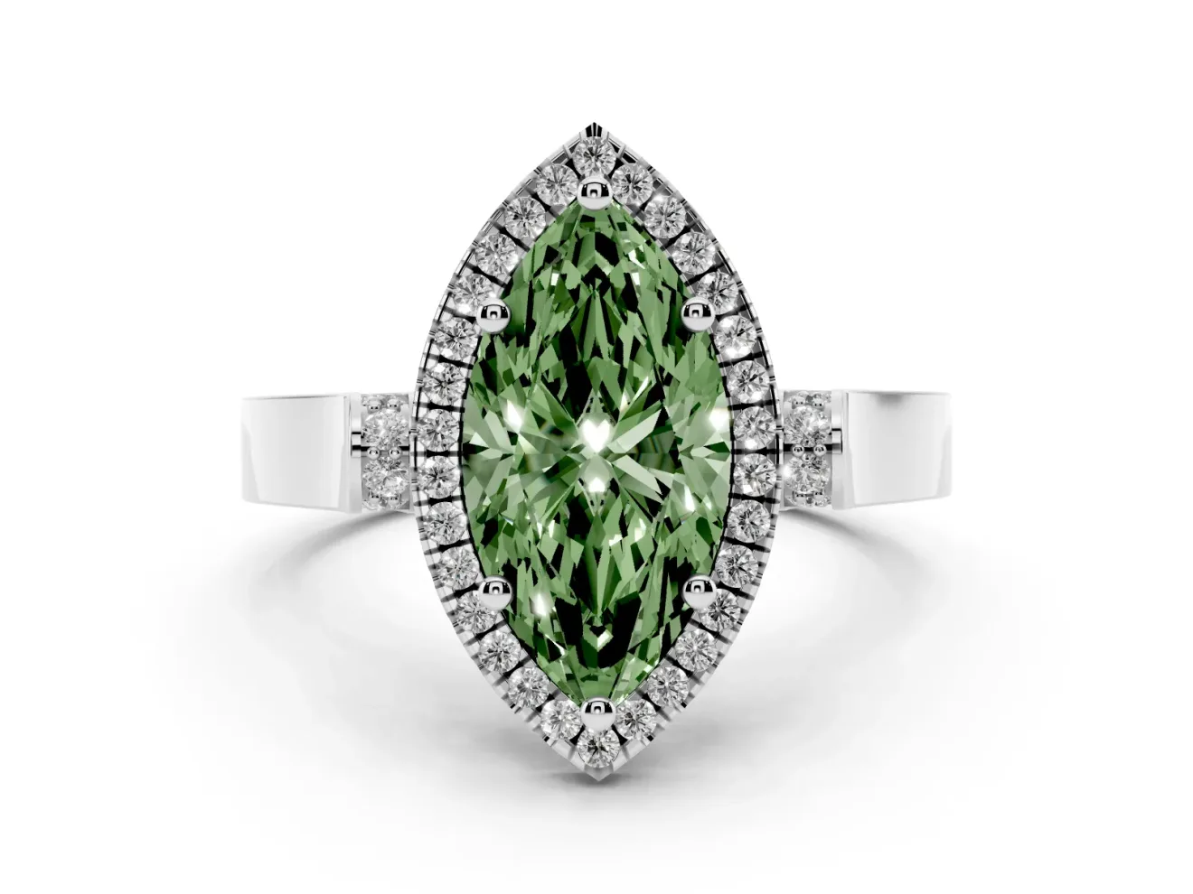 Fancy Green Marquise Cut Diamond Halo Ring Set in Platinum with Pavé-Lined Split Shank Band