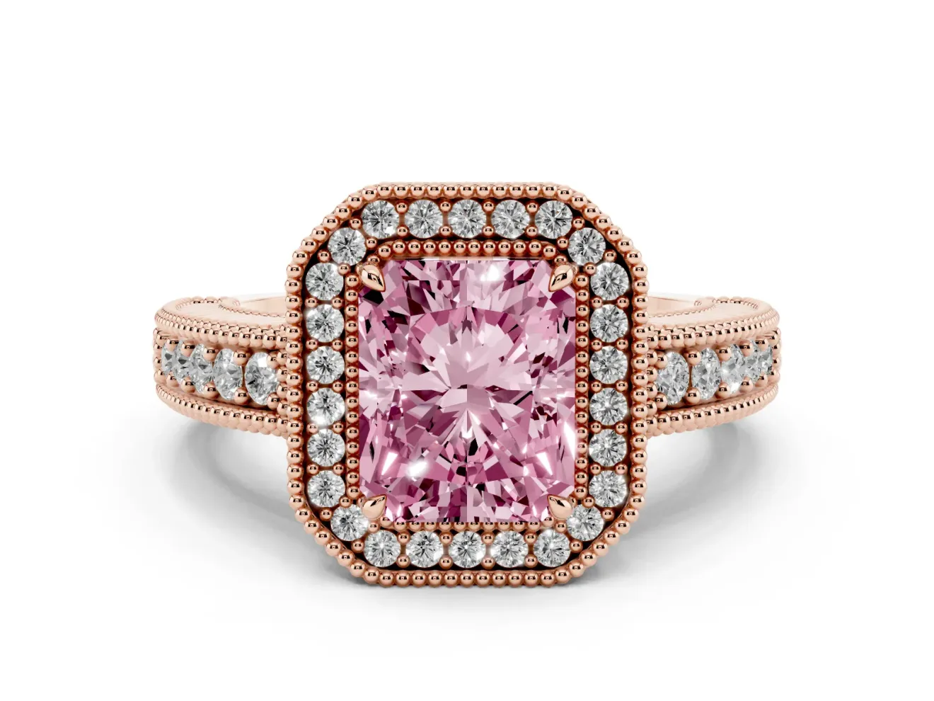 Fancy Pink Radiant Cut Diamond Halo Ring Set in Rose gold with Round Accent Halo, Pavé Band and Prong Setting