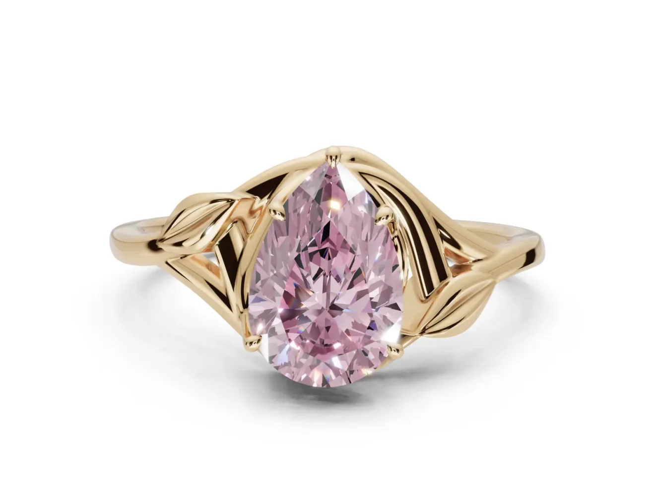 Pear-Shaped Leaf Bypass Solitaire Engagement Ring Setting for a Fancy Pink Lab-Grown Diamond | Yellow Gold