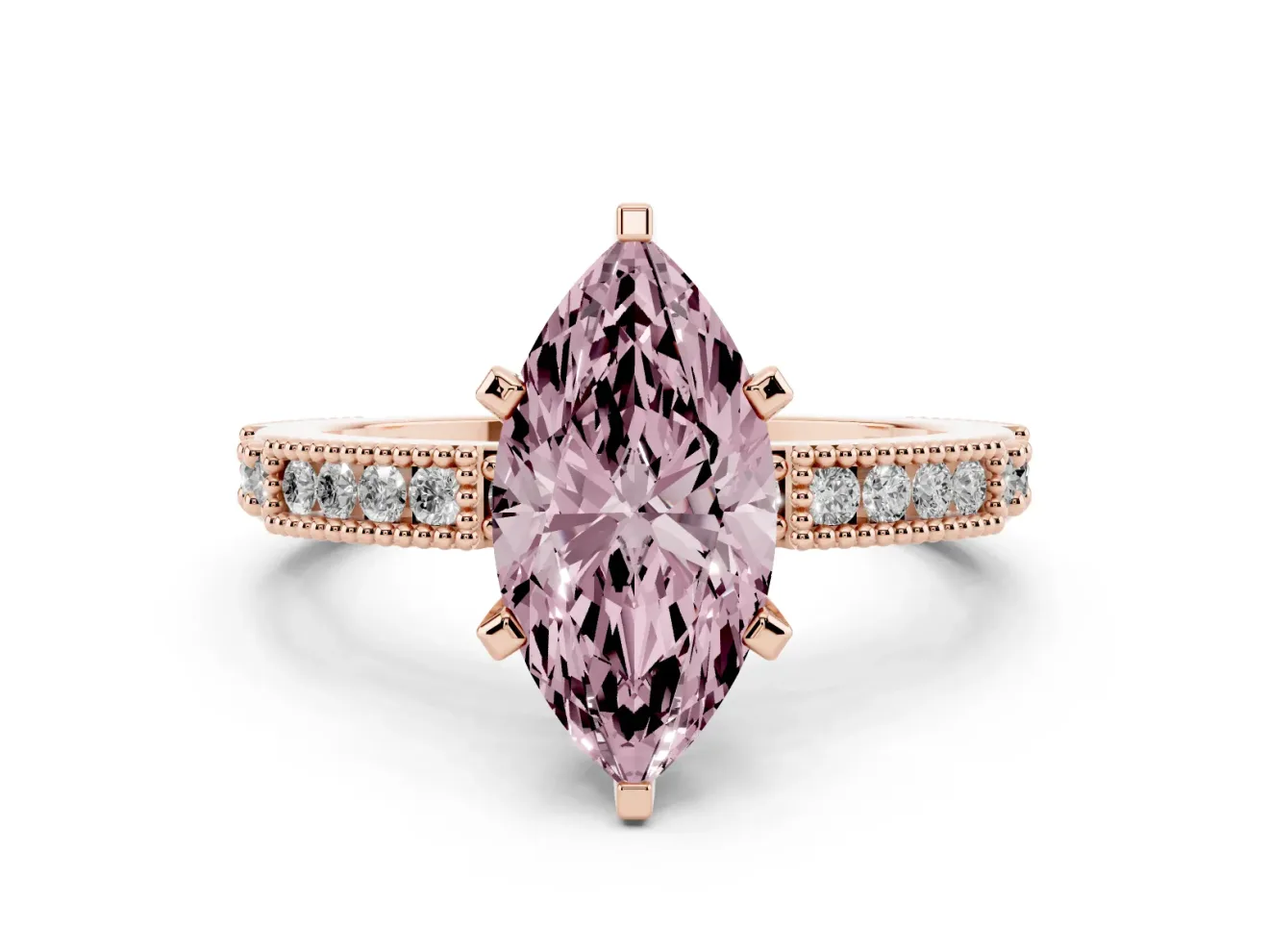Fancy Pink Marquise Cut Diamond Solitaire Ring Set in Rose gold with Slim Pavé Band and Prong Setting