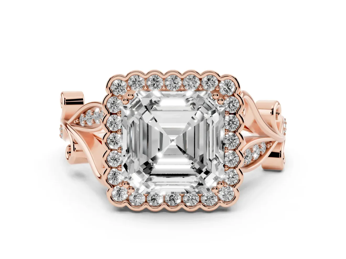 Asscher Cut Vintage Leaf Halo Engagement Ring Setting | Graduated Vine Shank | Rose Gold