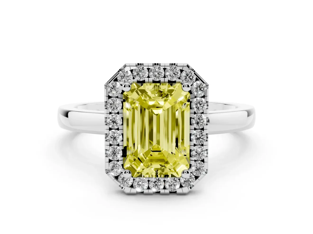 Emerald Cut Thin Halo Engagement Ring Setting for a Fancy Yellow Lab-Grown Diamond | Plain Polished Band | Platinum