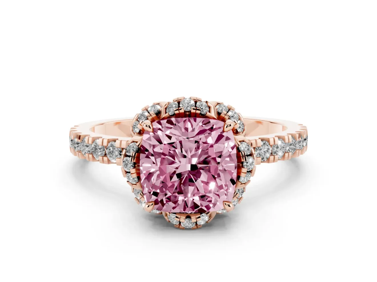 Fancy Pink Cushion Cut Diamond Halo Pavé Band Ring Set in Rose gold with Prong-Held Center