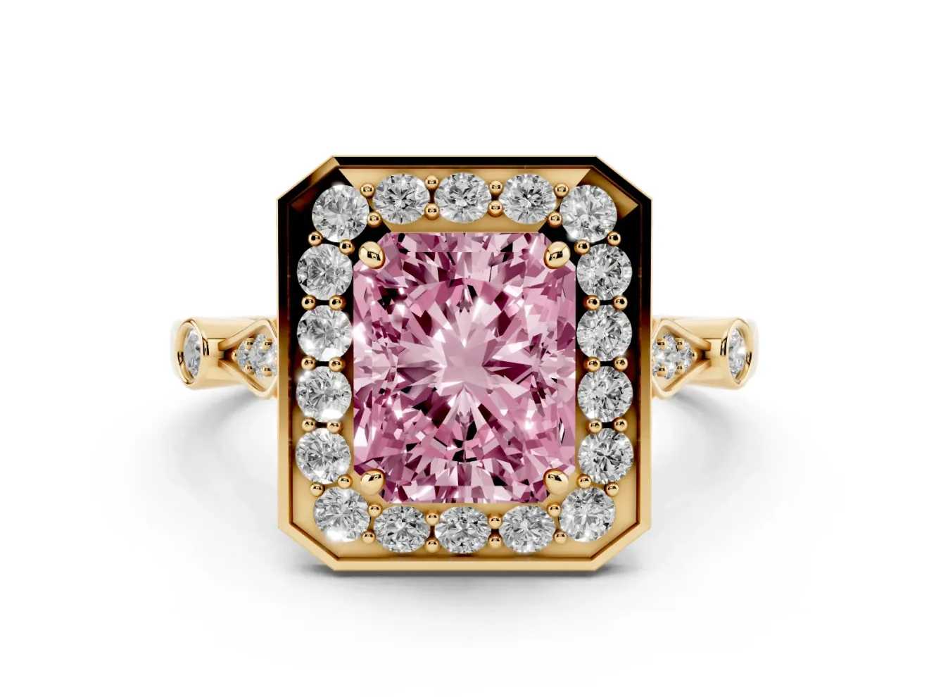 Radiant Cut Halo Engagement Ring Setting for a Fancy Pink Lab-Grown Diamond | Bezel Station Shoulders | Yellow Gold