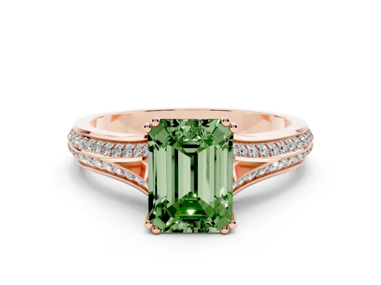 Emerald Cut Split Shank Engagement Ring Setting for a Fancy Green Lab-Grown Diamond | Pave Band | Rose Gold