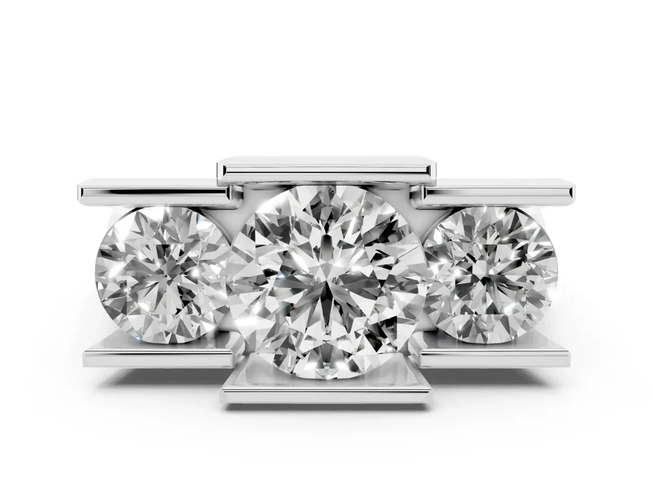 Round Cut Diamond Three-Stone Channel Set Ring Set in Platinum with Smooth Polished Band