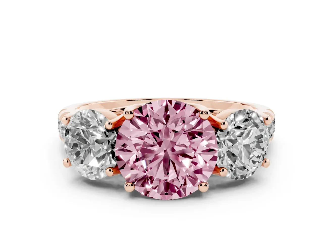 Round Three Stone Engagement Ring Setting for a Fancy Pink Lab-Grown Diamond | Accented Shoulders | Rose Gold