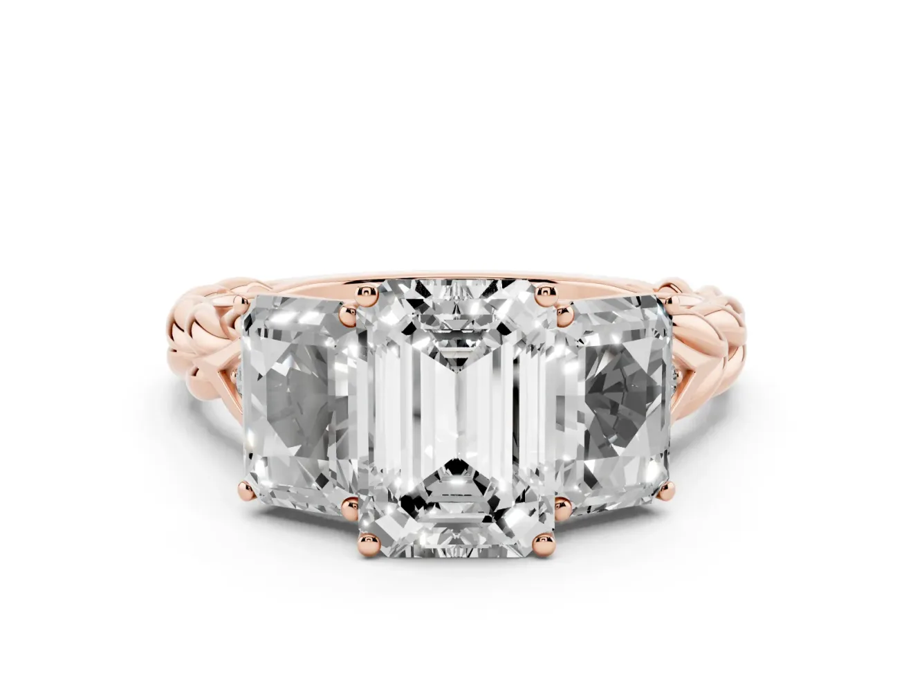Emerald Cut Diamond Three-Stone Ring Set in Rose gold with Braided Band