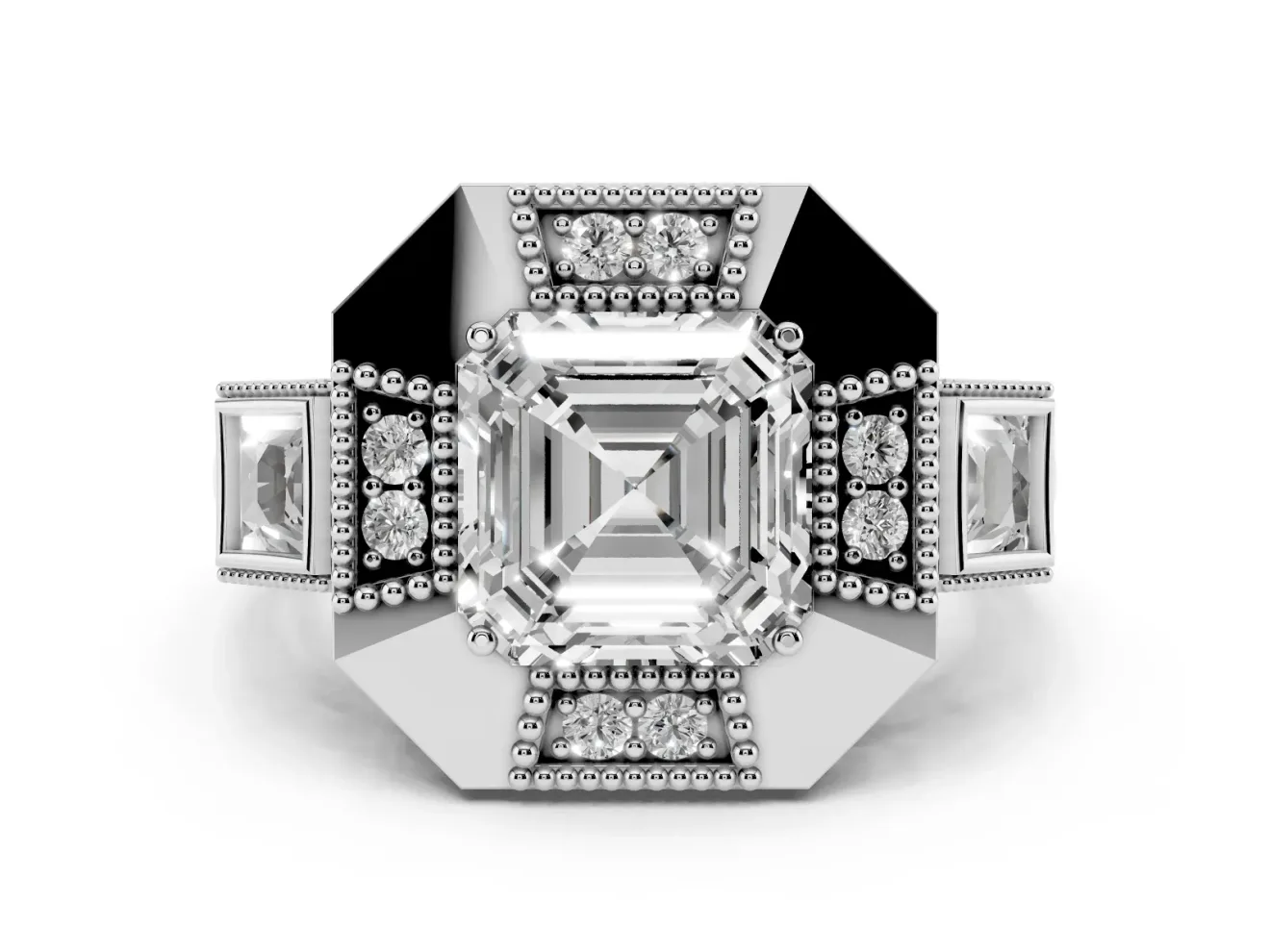 Asscher Cut Diamond Milgrain Halo Ring Set in Silver with Split Shank