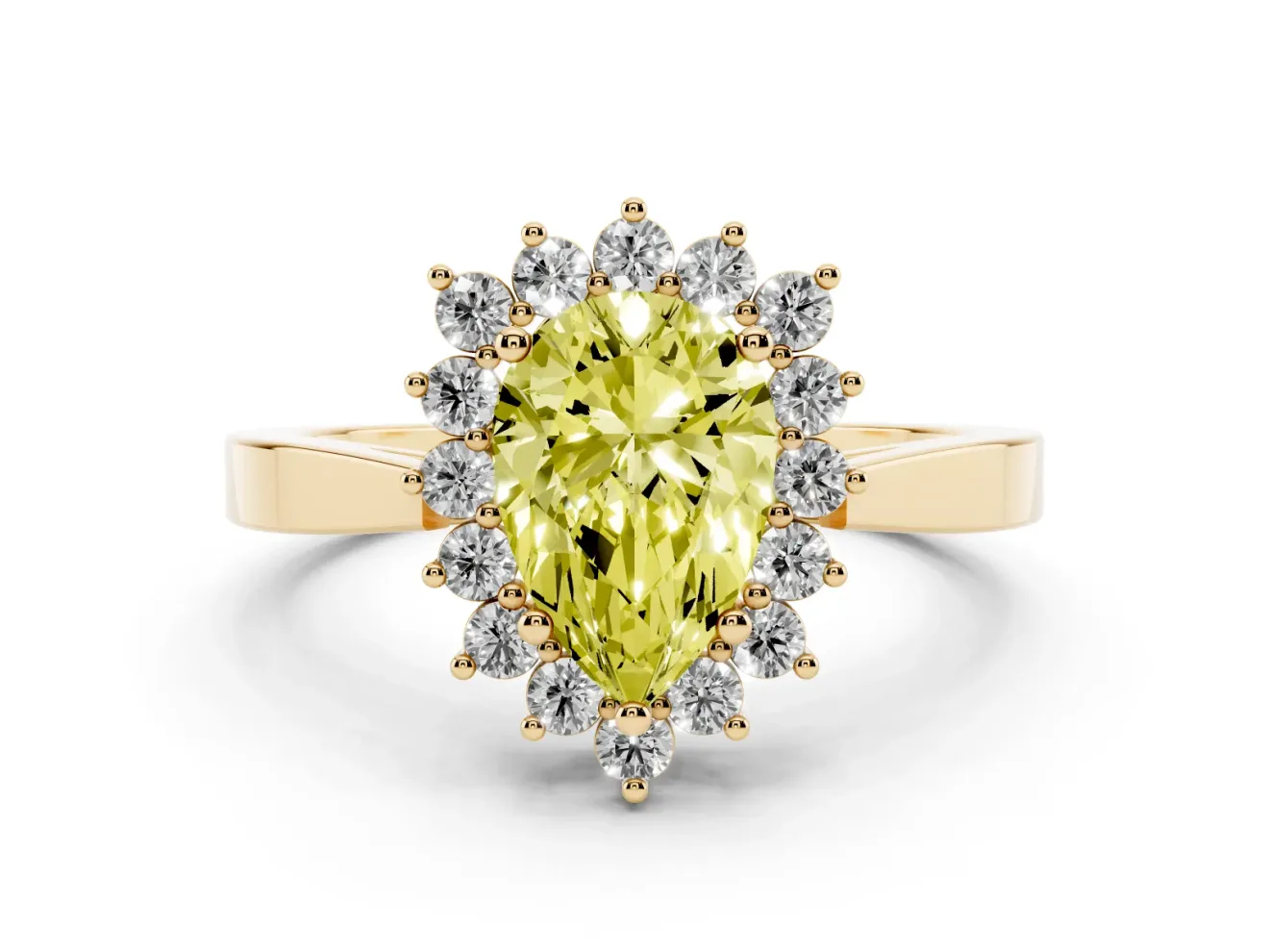 Pear-Shaped Scalloped Halo Engagement Ring Setting for a Fancy Yellow Lab-Grown Diamond | Flat Plain Band | Yellow Gold