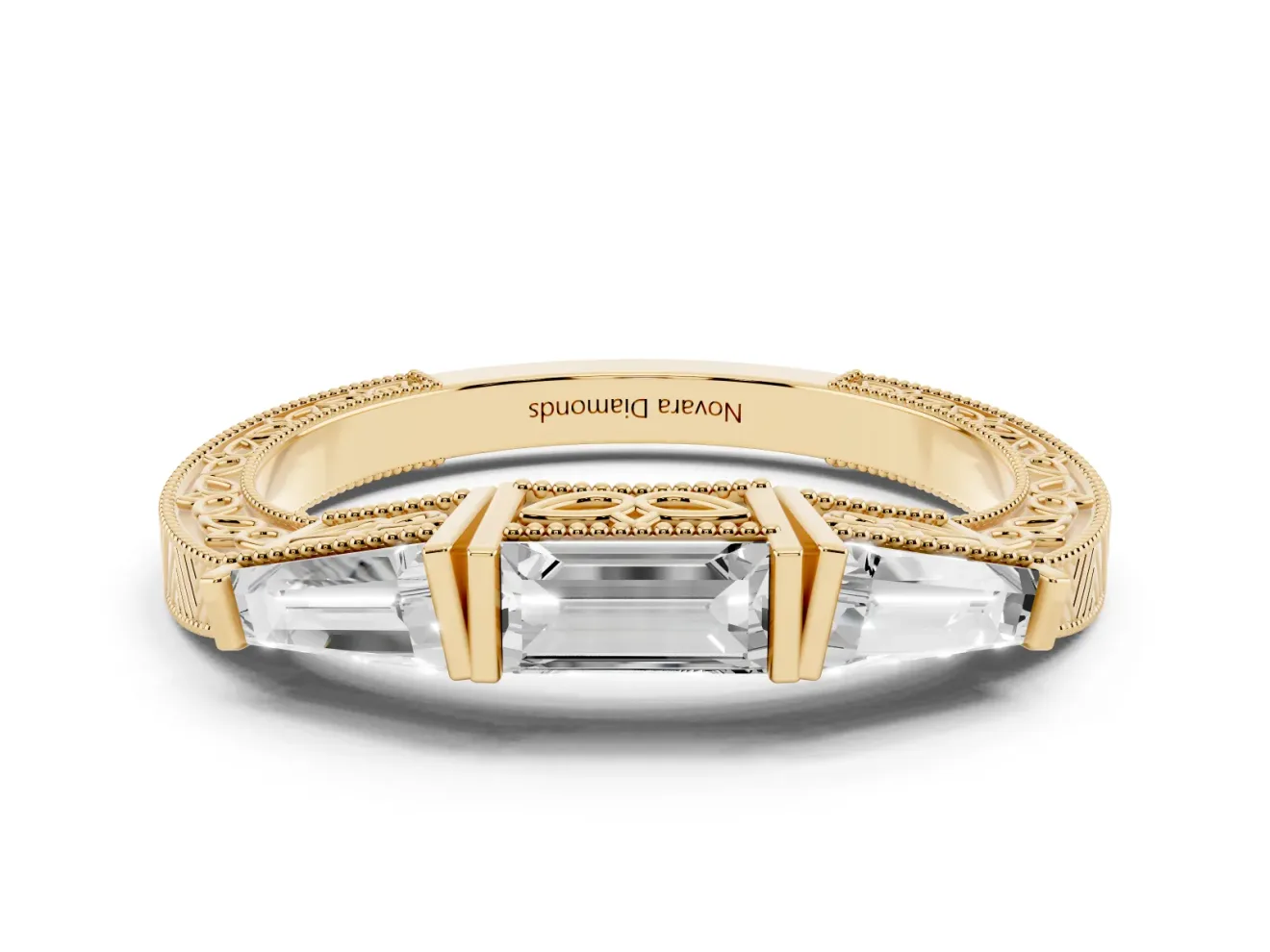 Baguette and Pear-Shaped Lab-Grown Diamond Milgrain Wedding Band | Chevron Sides | Yellow Gold