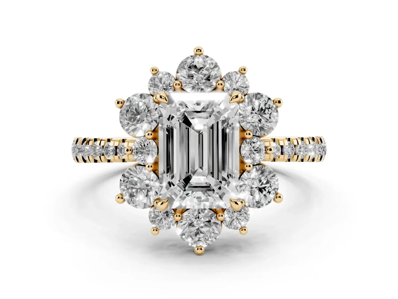 Emerald Cut Diamond Floral Halo Ring Set in Yellow gold with Round Pavé Band and Prong Setting