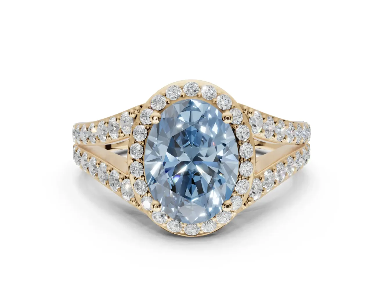 Oval Halo Pavé Engagement Ring Setting for a Fancy Blue Lab-Grown Diamond | Narrow Split Shank | Yellow Gold