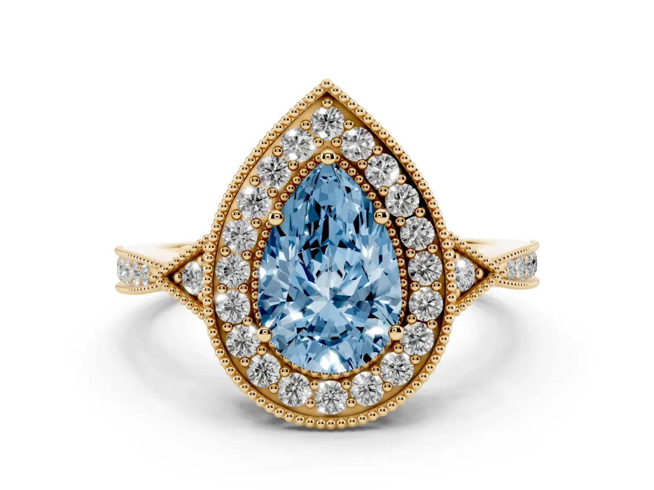 Fancy Blue Pear Cut Diamond Halo Engagement Ring Set in Yellow gold with Milgrain Pavé Band
