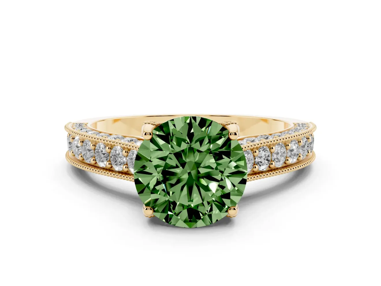 Round Vintage Hidden Halo Engagement Ring Setting for a Fancy Green Lab-Grown Diamond | Milgrain Pave Band | Yellow Gold