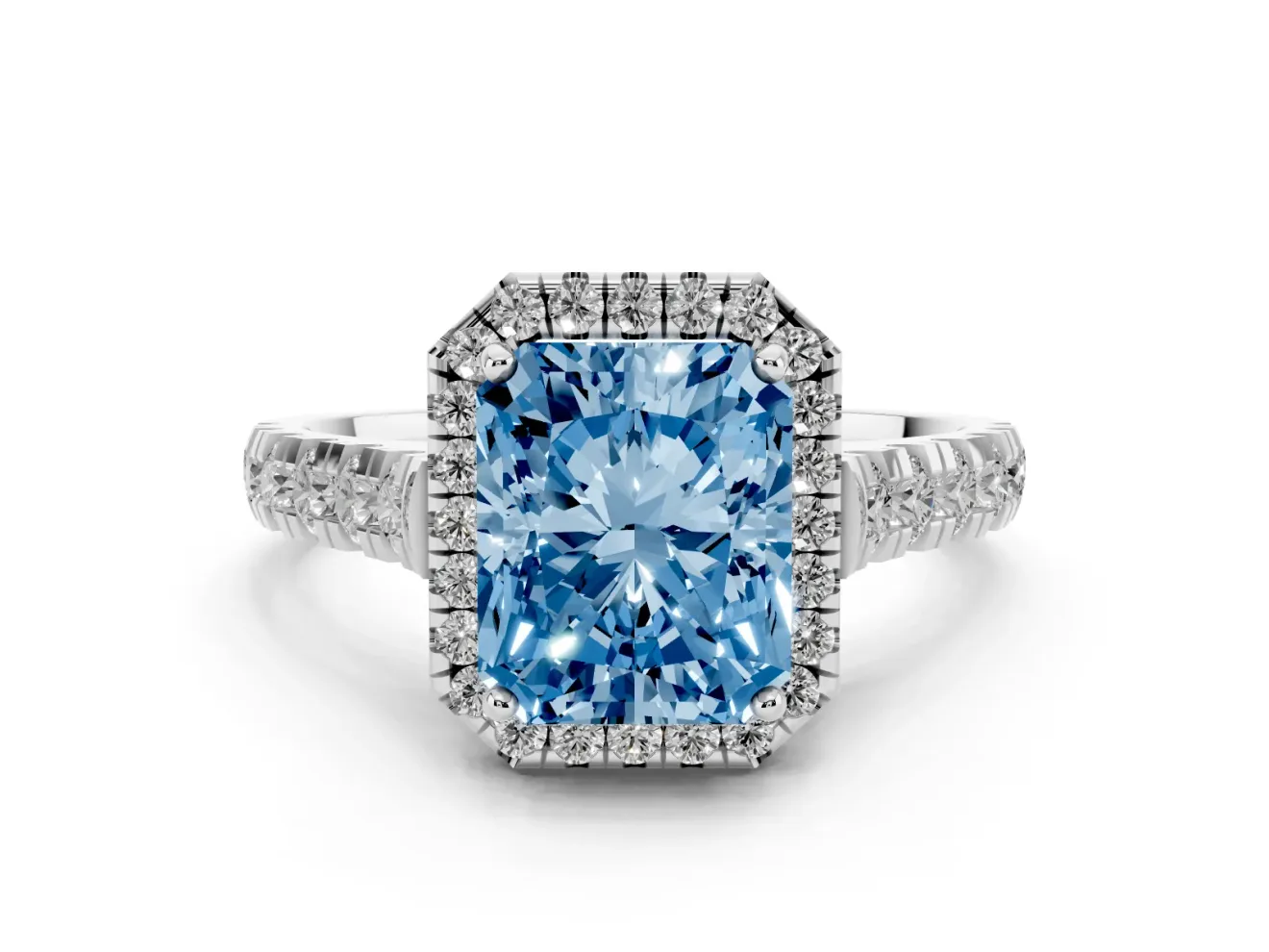 Radiant Cut Halo Engagement Ring Setting for a Fancy Blue Lab-Grown Diamond | Shared Prong Shoulders | Sterling Silver