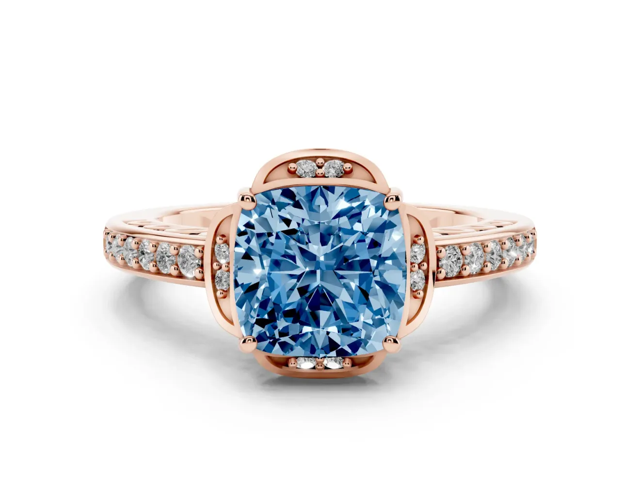 Cushion Cut Floral Pavé Engagement Ring Setting for a Fancy Blue Lab-Grown Diamond | Rose Gold
