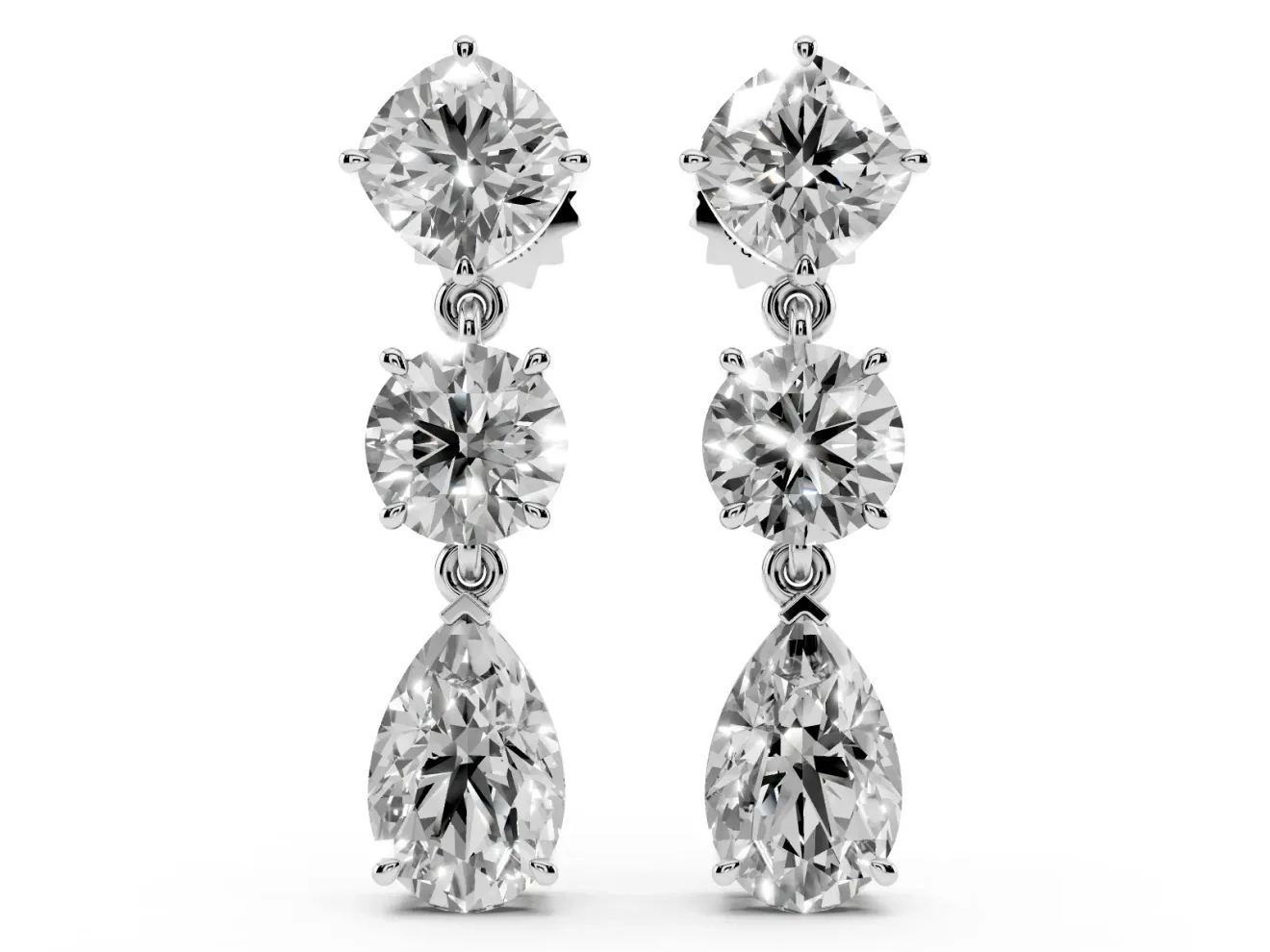 Multi-Shape Lab-Grown Diamond Three Stone Drop Earrings | Cushion Round and Pear | Platinum