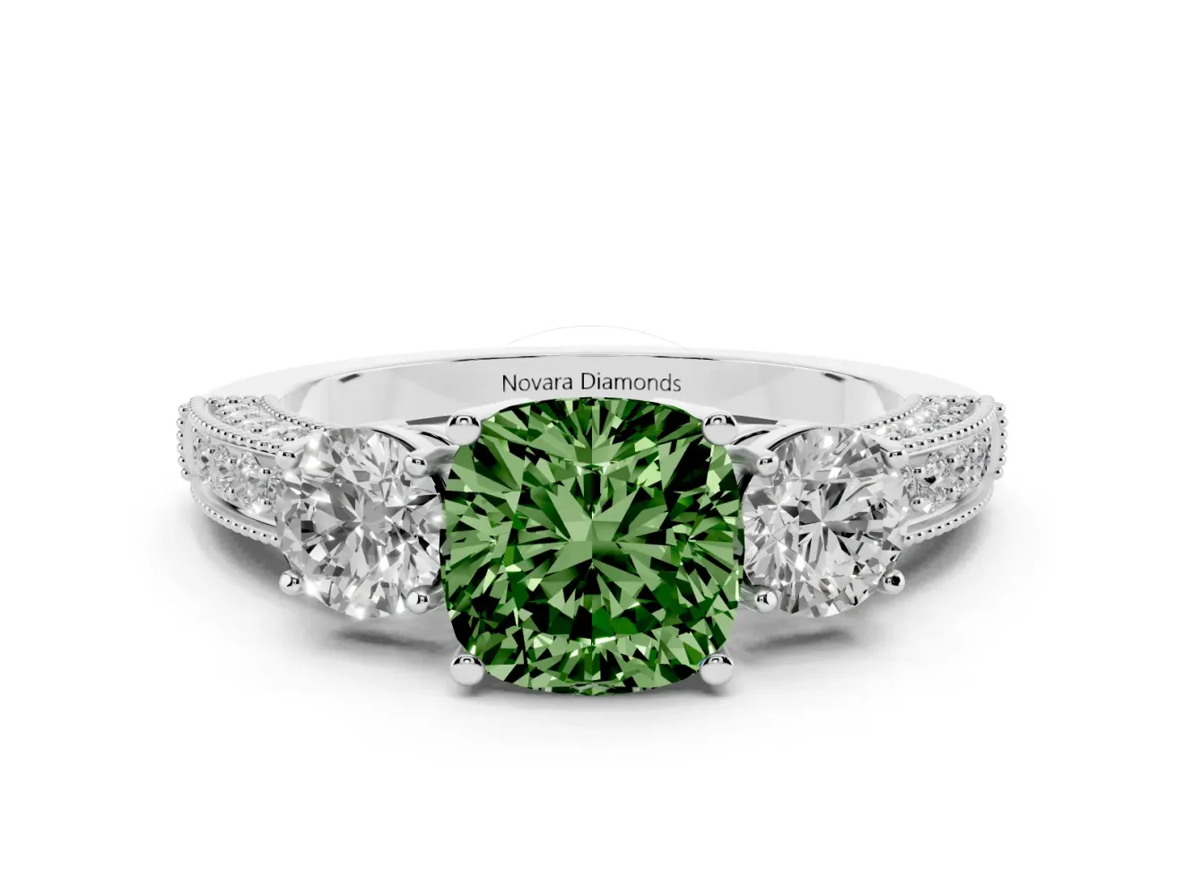 Fancy Green Cushion Cut Diamond Three-Stone Ring Set in Platinum with Round Side Stones and Pavé Band