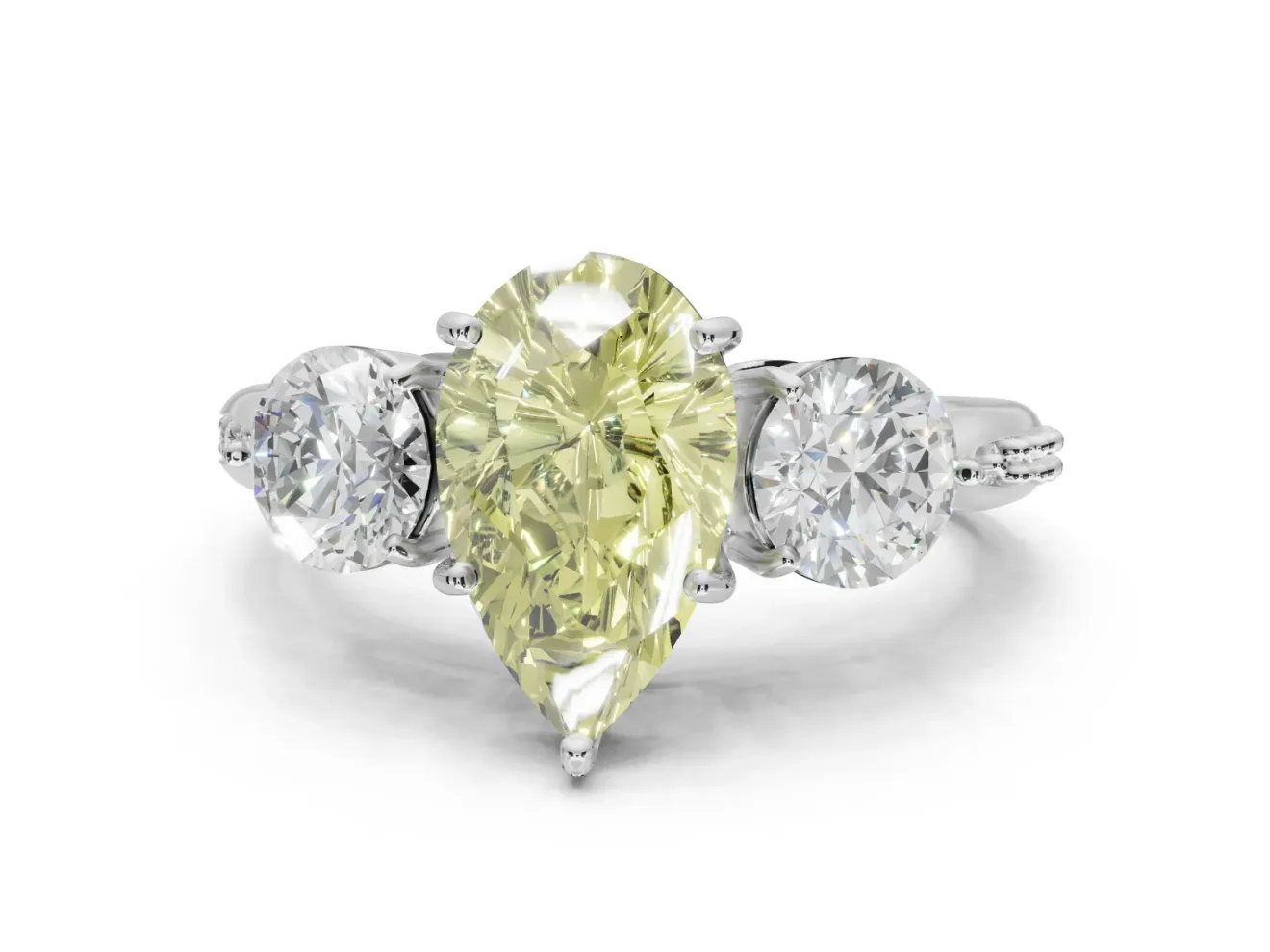 Pear-Shaped Three Stone Engagement Ring Setting for a Fancy Yellow Lab-Grown Diamond | Tapered Pave Band | Platinum
