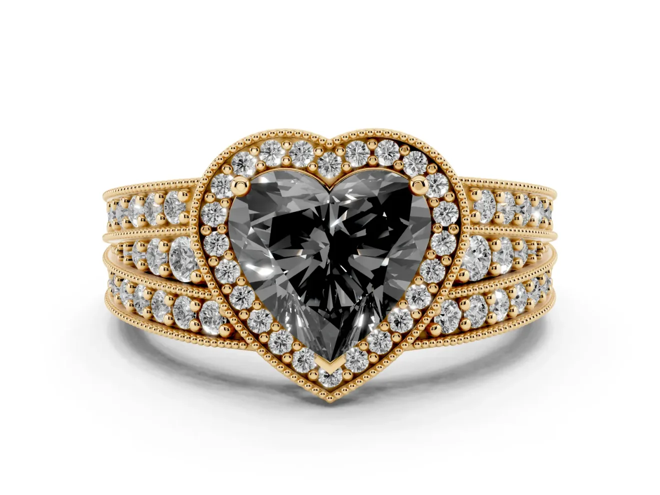 Fancy Black Heart Cut Diamond Halo Ring Set in Yellow gold with Accent Split Shank and Prong Setting