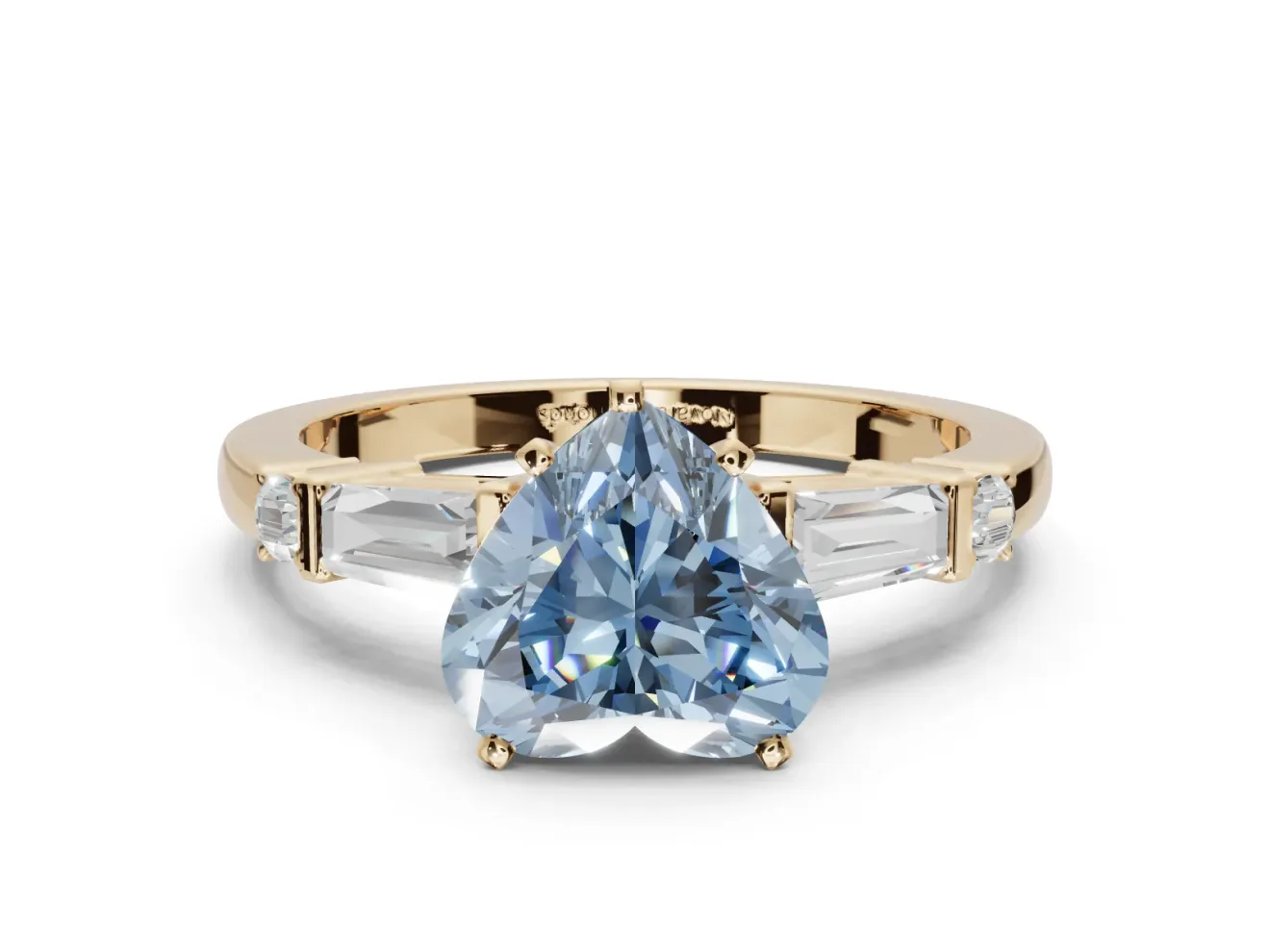 Heart-Shaped Tapered Baguette Engagement Ring Setting for a Fancy Blue Lab-Grown Diamond | Bar Set Sides | Yellow Gold