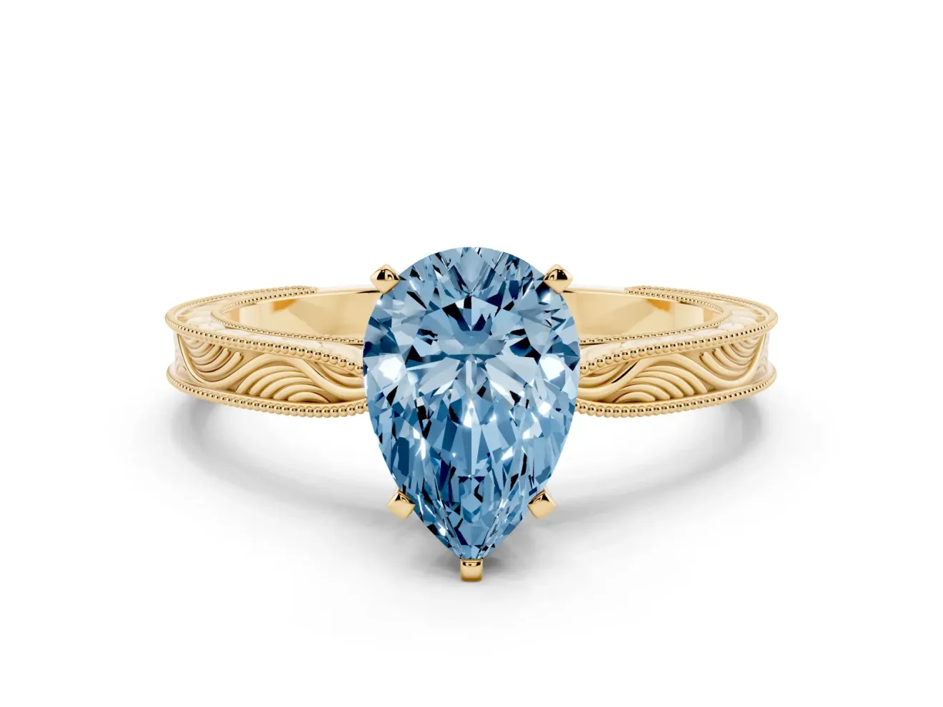Fancy Blue Pear Cut Diamond Solitaire Milgrain Engraved Band Set in Yellow gold with Prong Setting