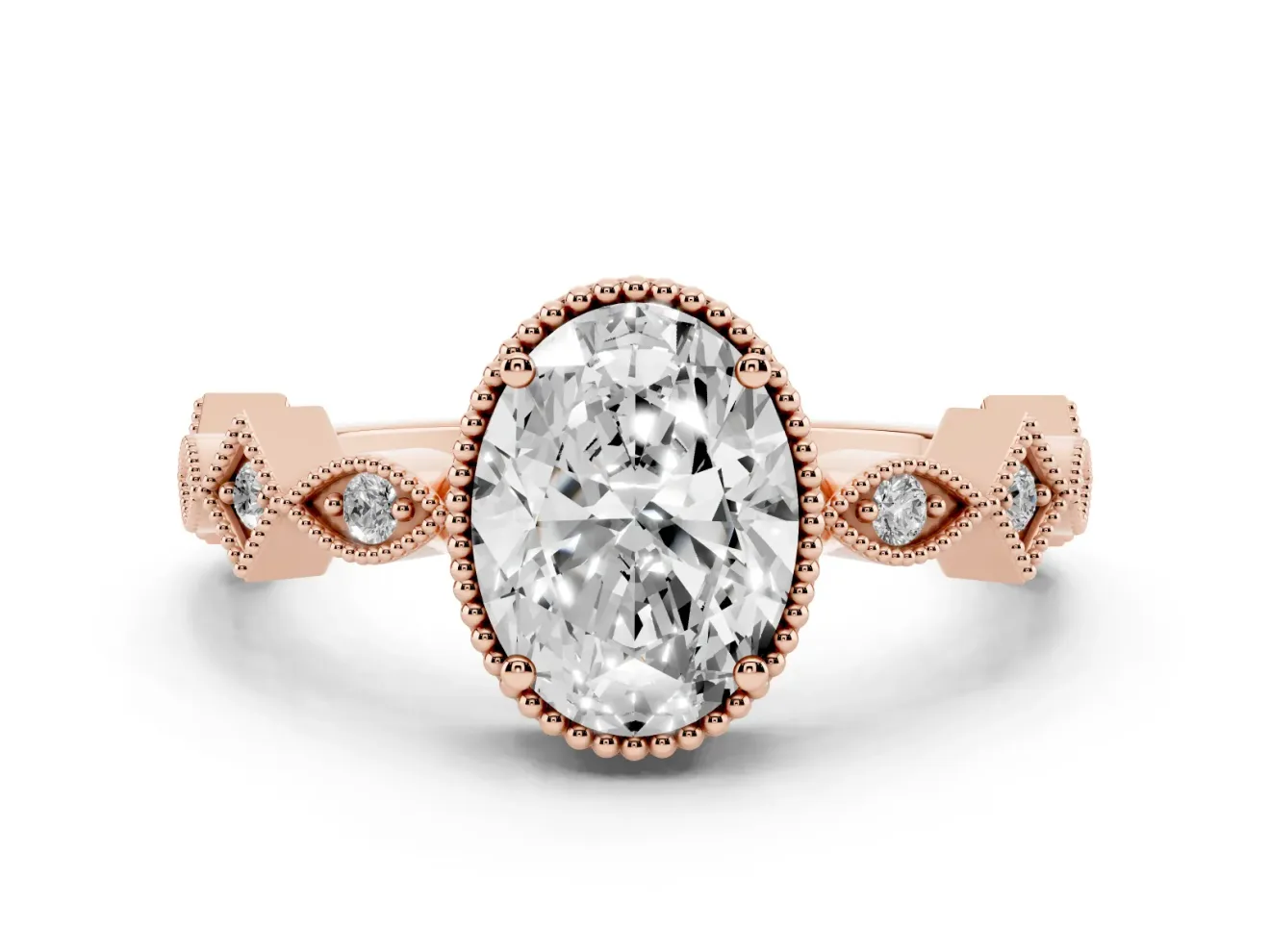 Oval Milgrain Bezel Engagement Ring Setting | Geometric Station Band | Rose Gold