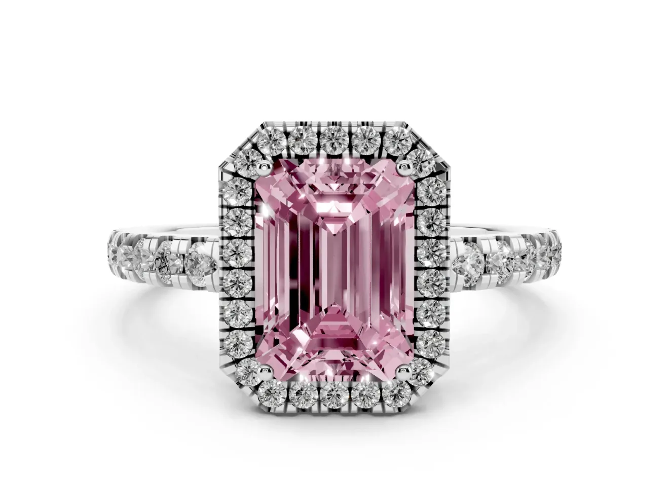 Fancy Pink Emerald Cut Diamond Halo Ring Set in Platinum with Delicate Pavé Band and Prong Setting